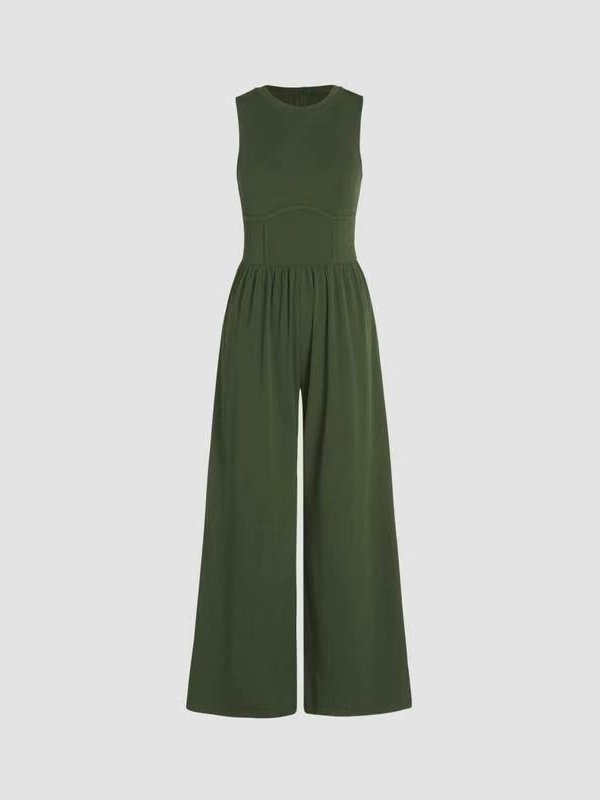 Women Plain Crew Neck Sleeveless Casual Summer Jumpsuit