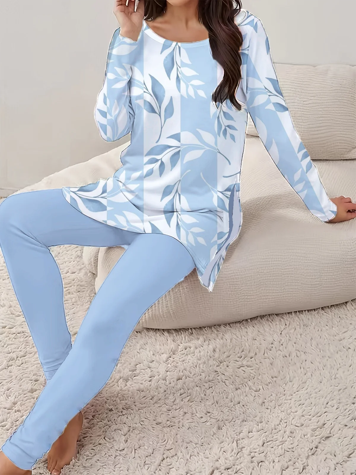 Women Floral Printing Two-Piece Set Daily Long Sleeve Casual Spring/Fall Top With Pants Matching Set