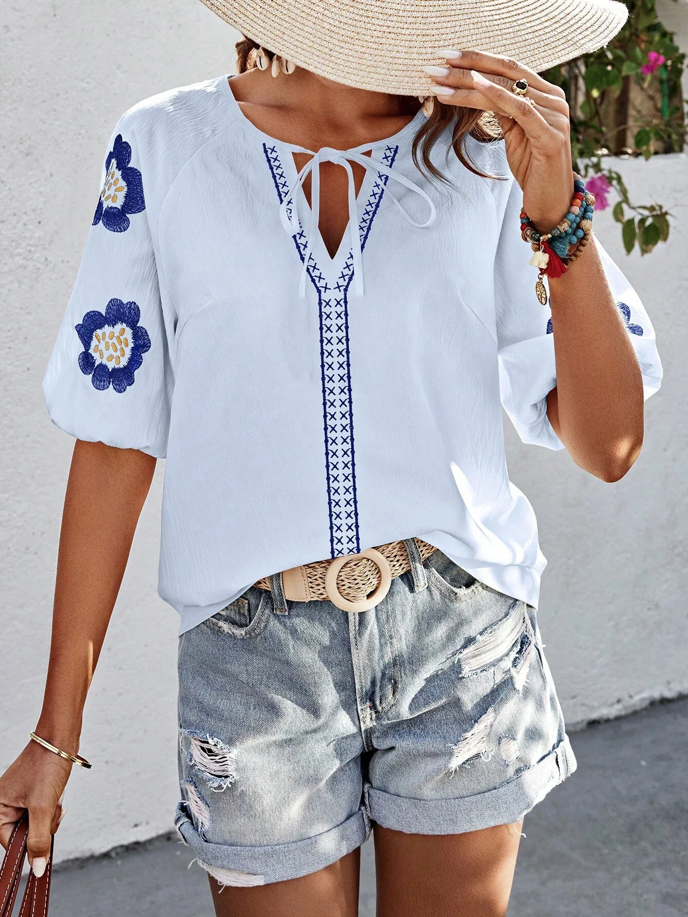 Women Floral Half Sleeve Shirt Summer Embroidery V Neck Daily Casual Top