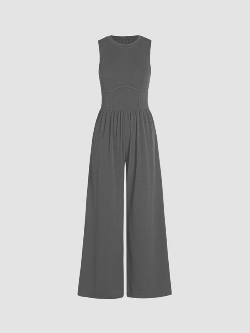 Women Plain Crew Neck Sleeveless Casual Summer Jumpsuit