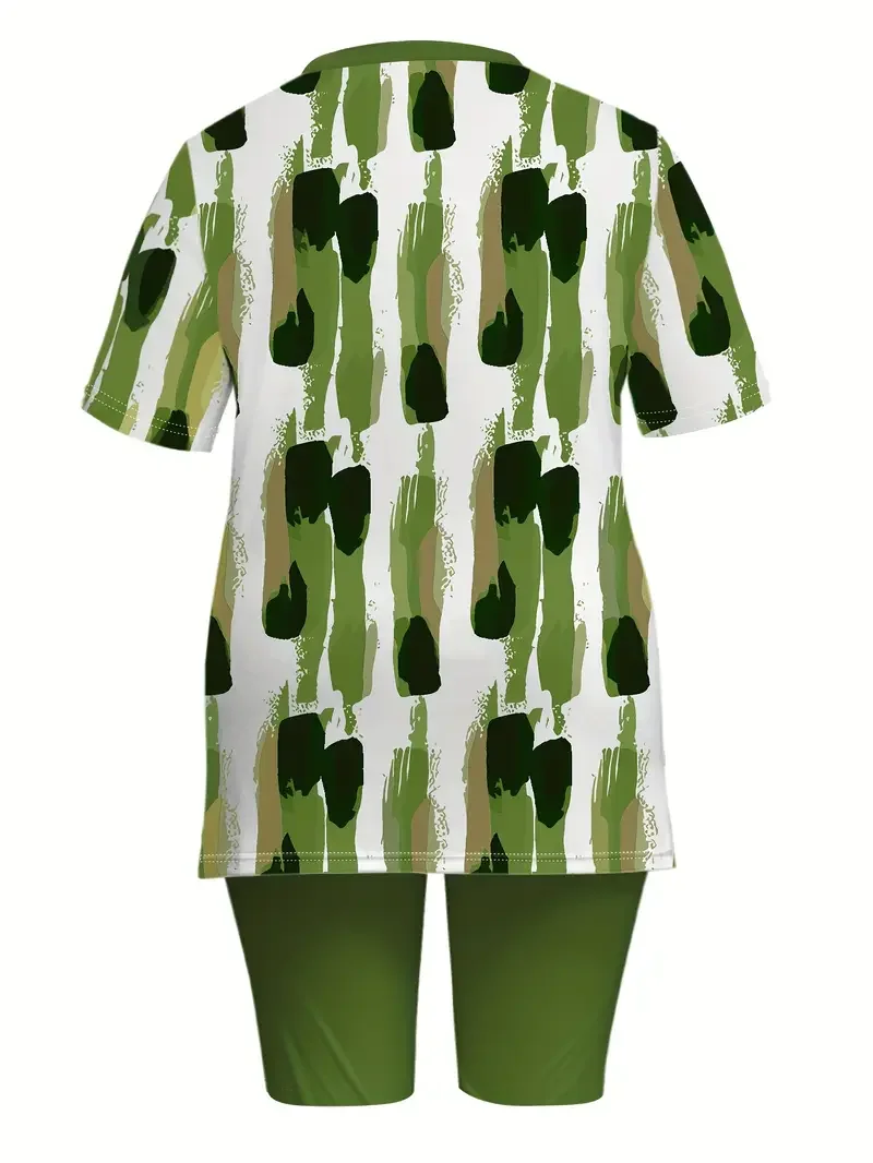 Women Abstract Printing Two-Piece Set Daily Short Sleeve Casual Summer Top With Pants Matching Set