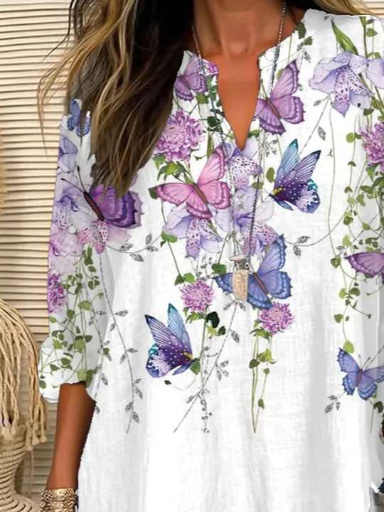 Women Floral Long Sleeve Blouse Spring/Fall Printing V Neck Daily Casual Top