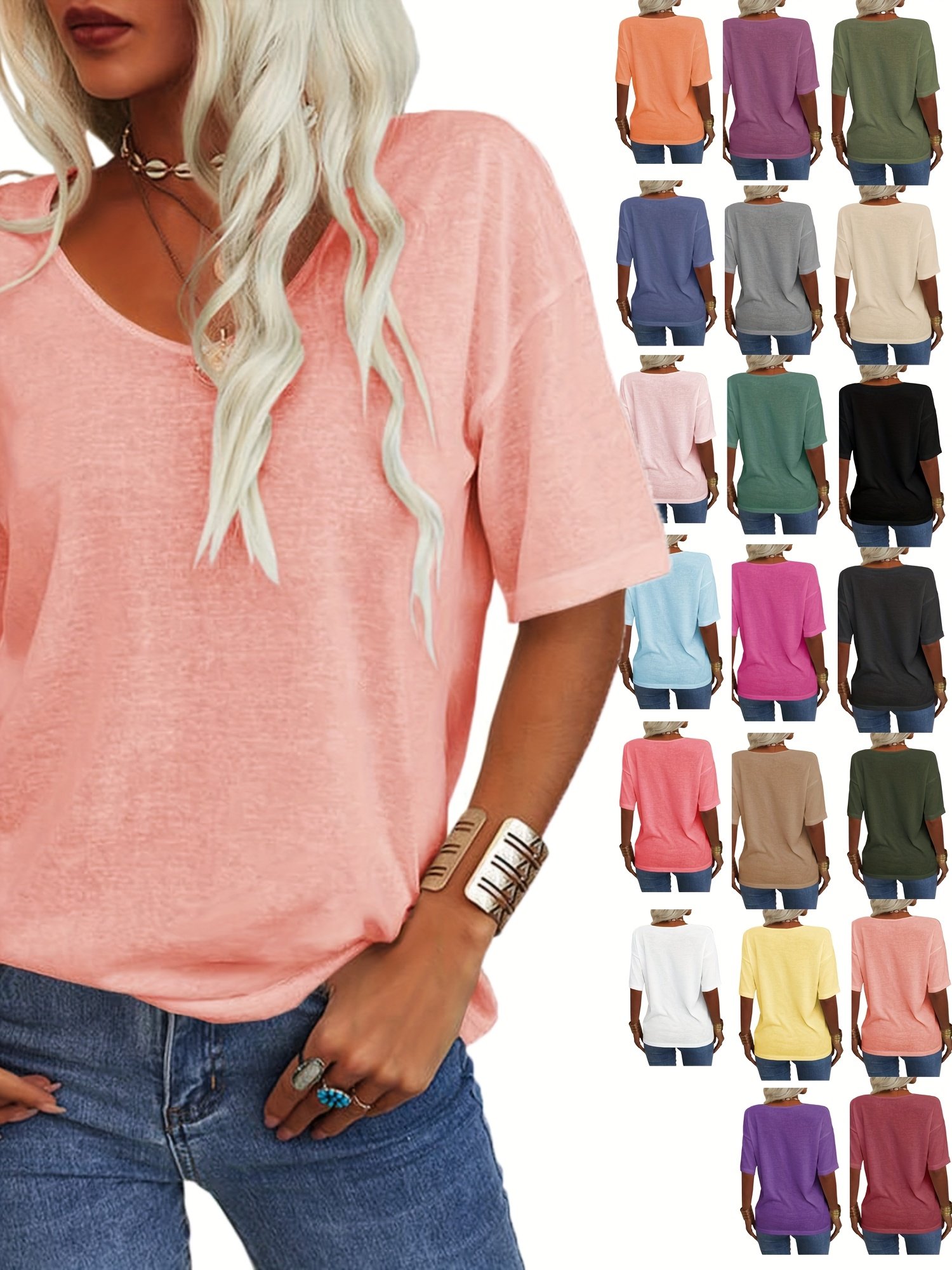 Women Plain Short Sleeve Tee T-shirt V Neck Casual Summer Top