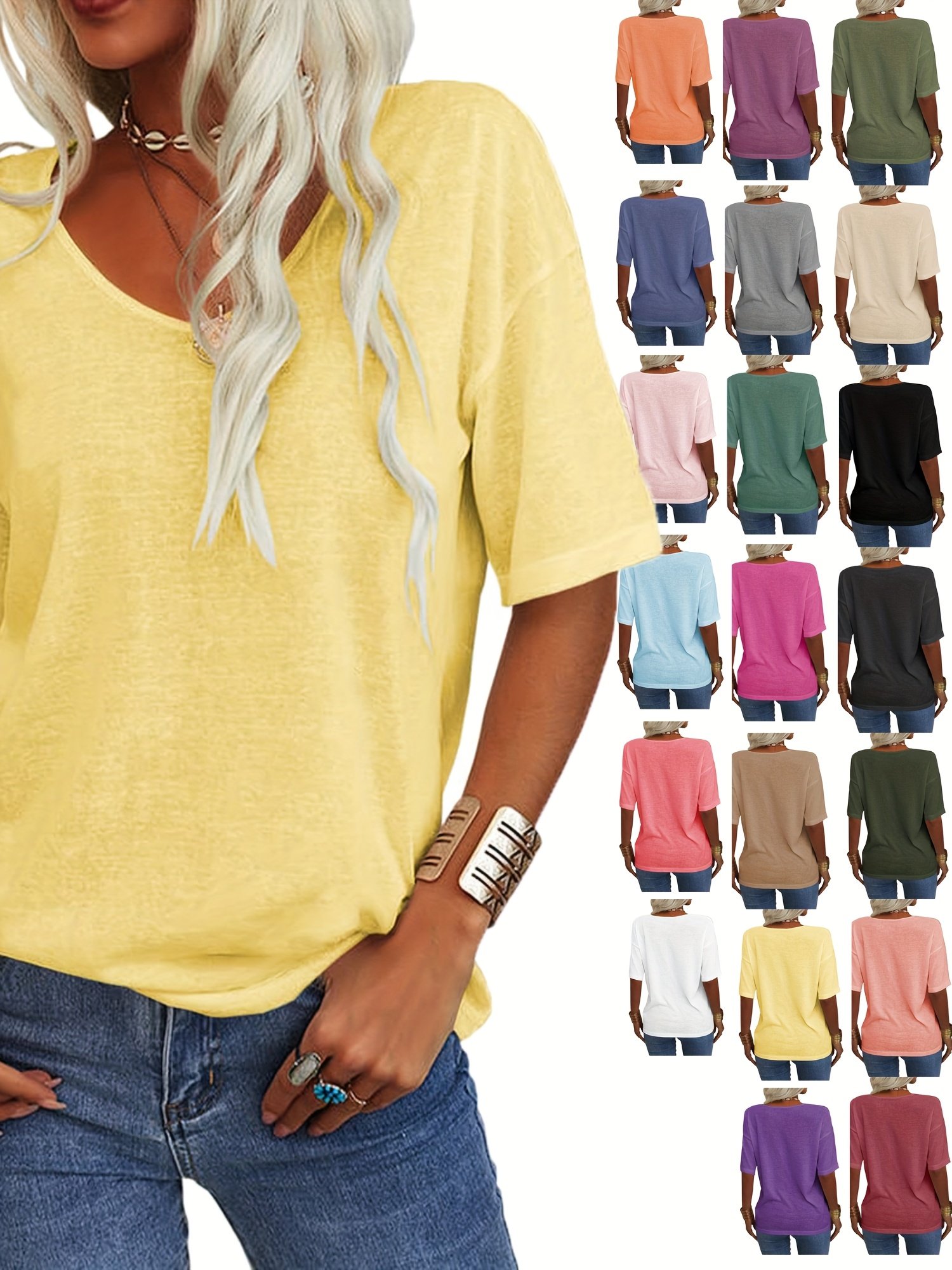 Women Plain Short Sleeve Tee T-shirt V Neck Casual Summer Top