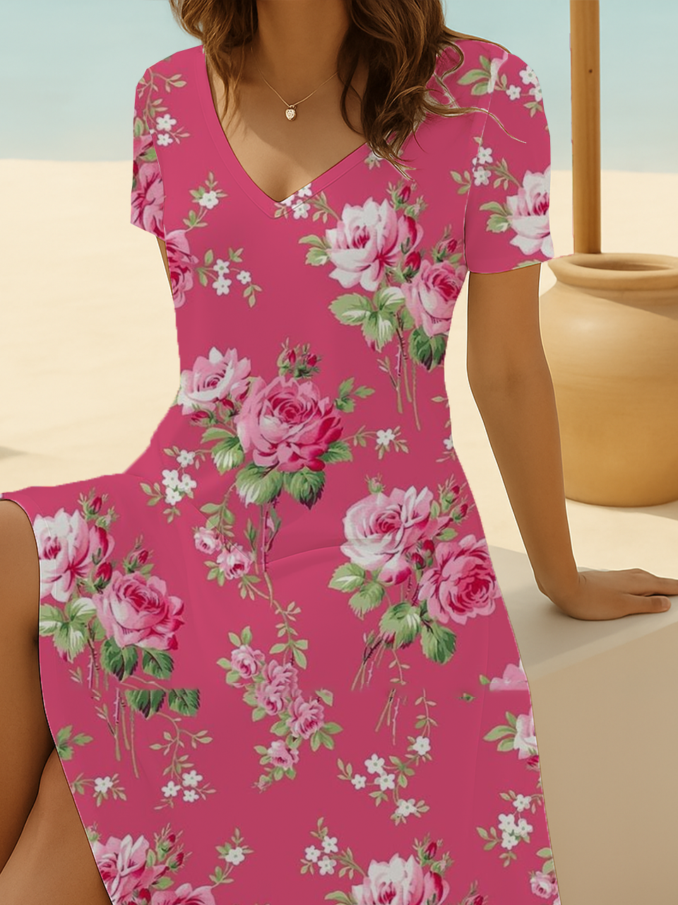 Women Floral Short Sleeve Summer Printing Dress V Neck Daily Casual Midi Fit & Flare Dress A-Line Dress