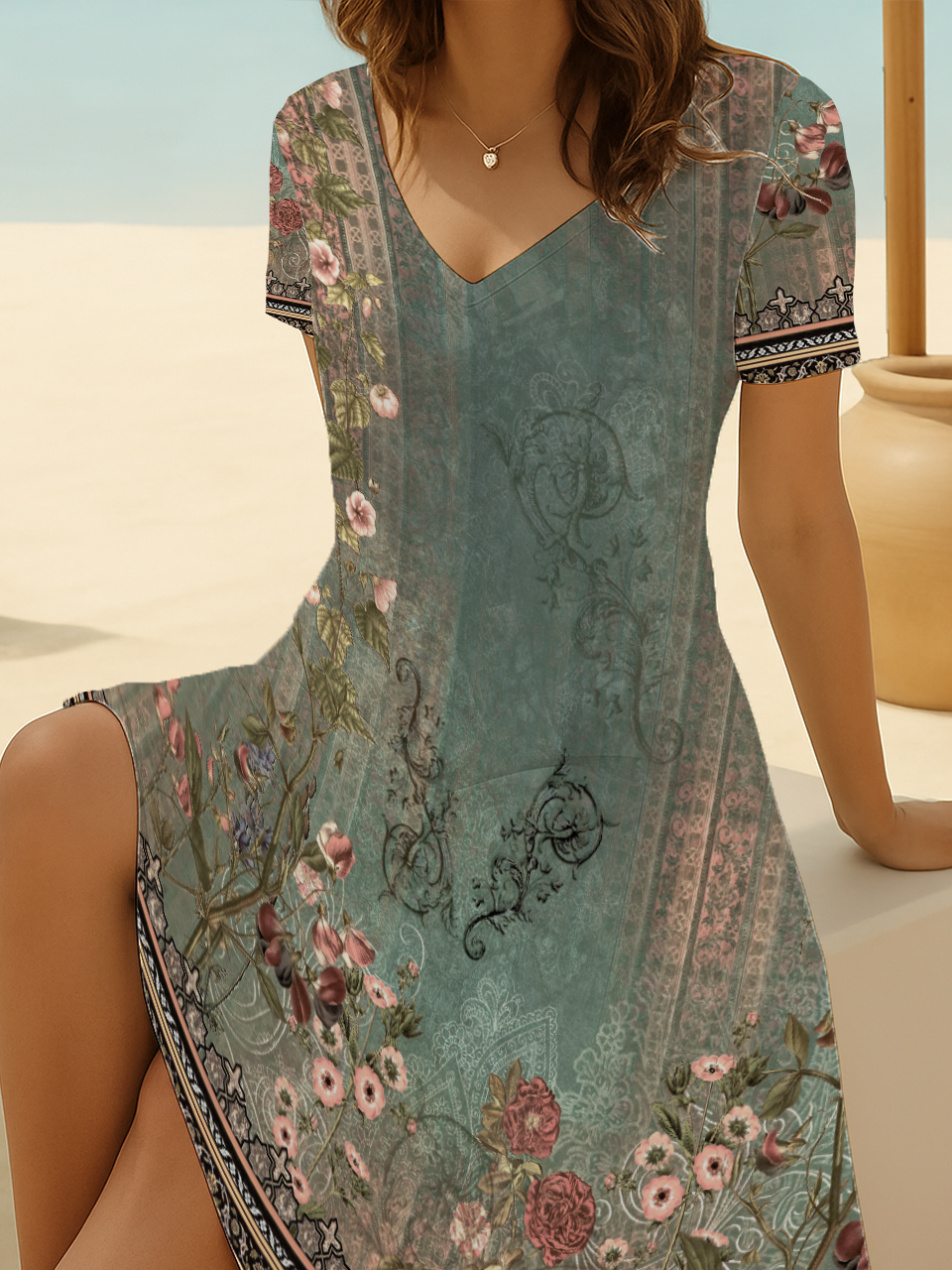 Women Floral Short Sleeve Summer Printing Dress V Neck Daily Casual Midi Fit & Flare Dress A-Line Dress
