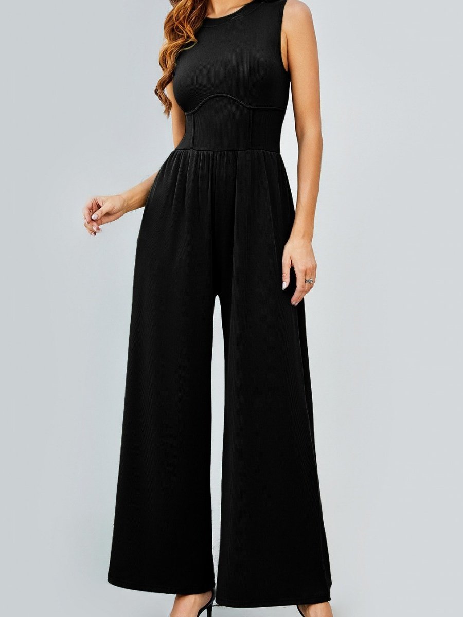 Women Plain Crew Neck Sleeveless Casual Summer Jumpsuit