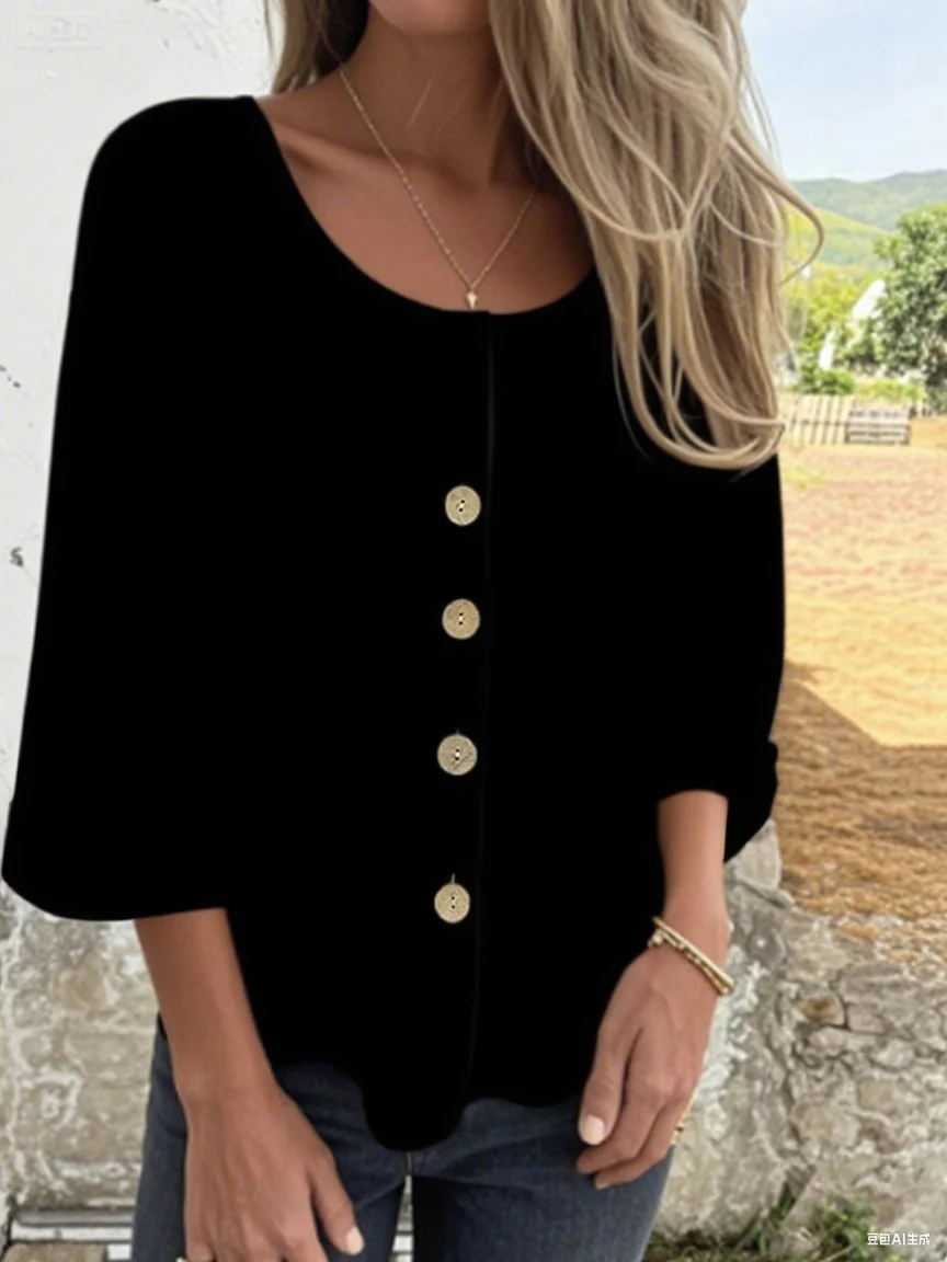 Women Plain Three Quarter Sleeve Shirt Spring/Fall Split Joint Crew Neck Daily Casual Top