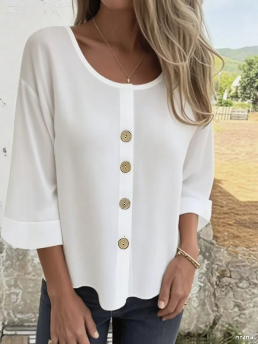 Women Plain Three Quarter Sleeve Shirt Spring/Fall Split Joint Crew Neck Daily Casual Top