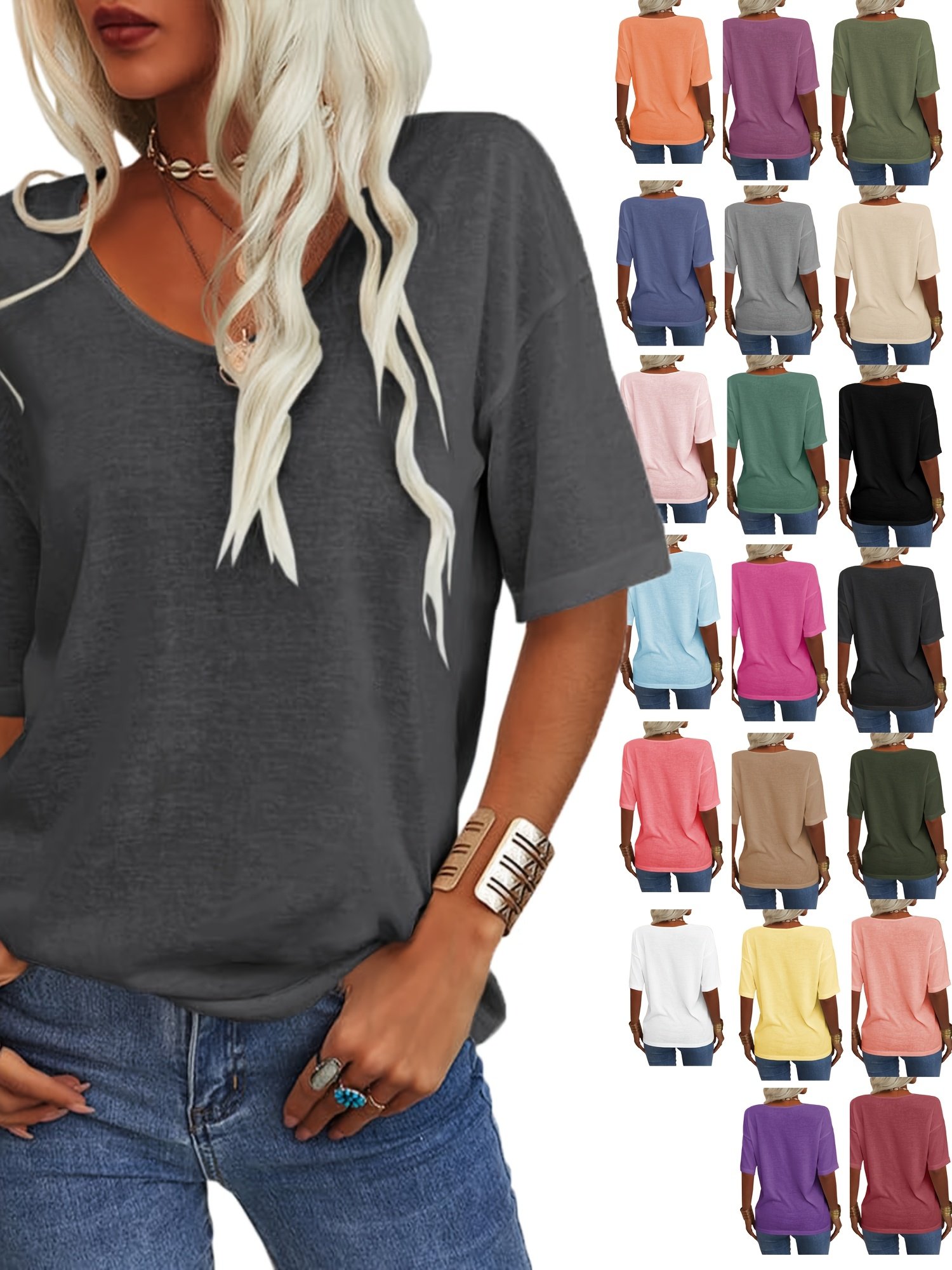 Women Plain Short Sleeve Tee T-shirt V Neck Casual Summer Top