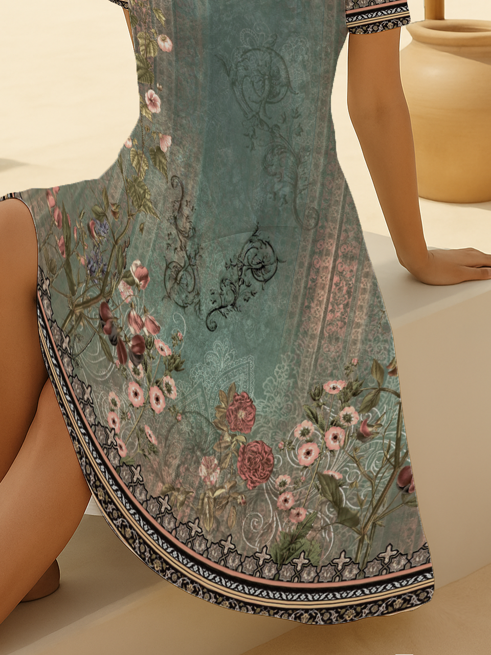Women Floral Short Sleeve Summer Printing Dress V Neck Daily Casual Midi Fit & Flare Dress A-Line Dress