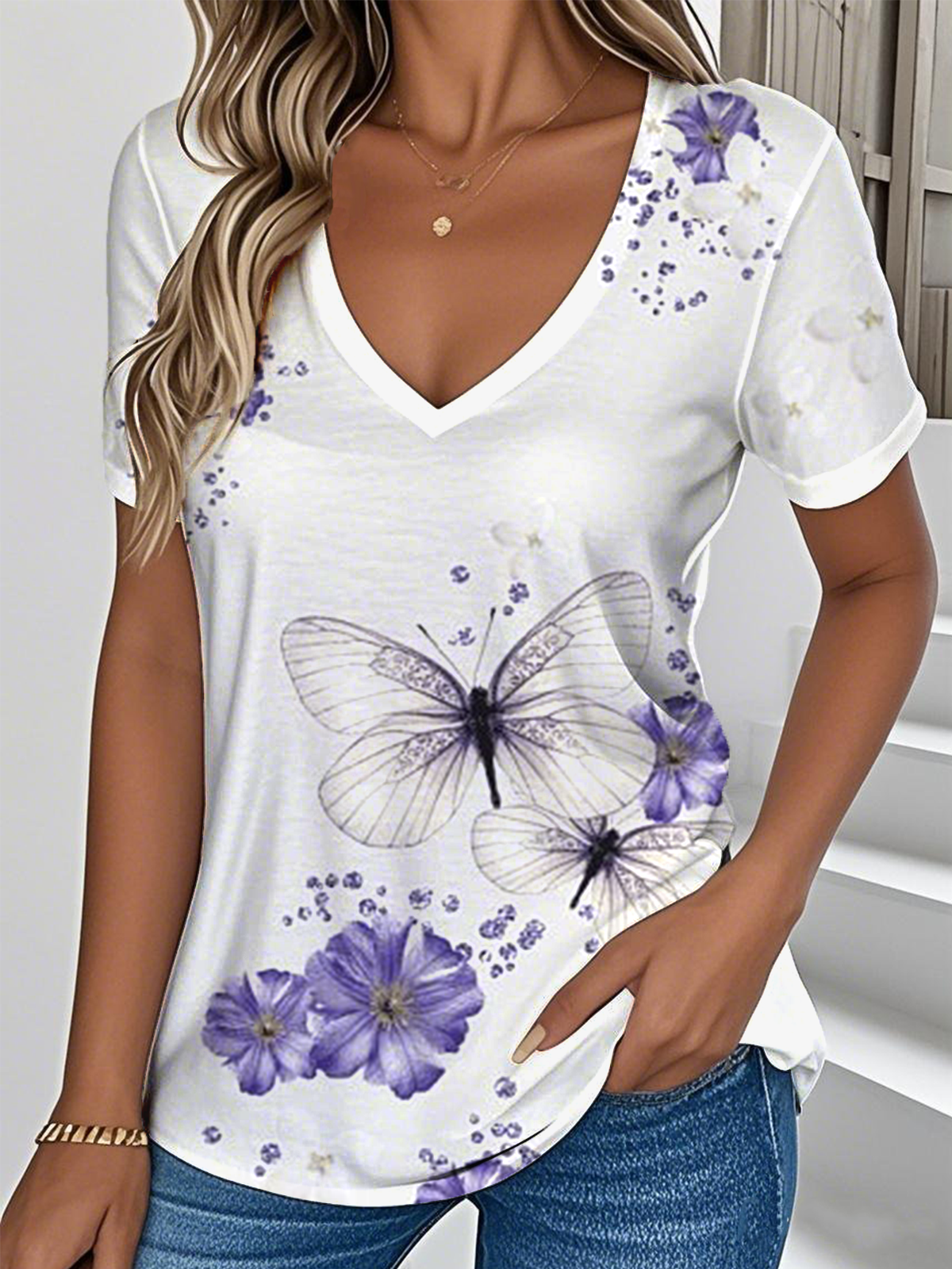 Women Floral Short Sleeve Tee T-shirt V Neck Casual Summer Top