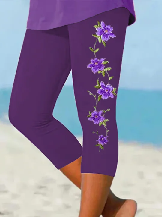 Women Floral Capris Elastic Waist Pants Casual Summer Trousers