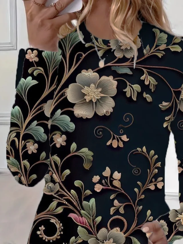 Women Floral Long Sleeve Tee T-shirt Crew Neck Printing Casual Spring/Fall Graphic Tee Top
