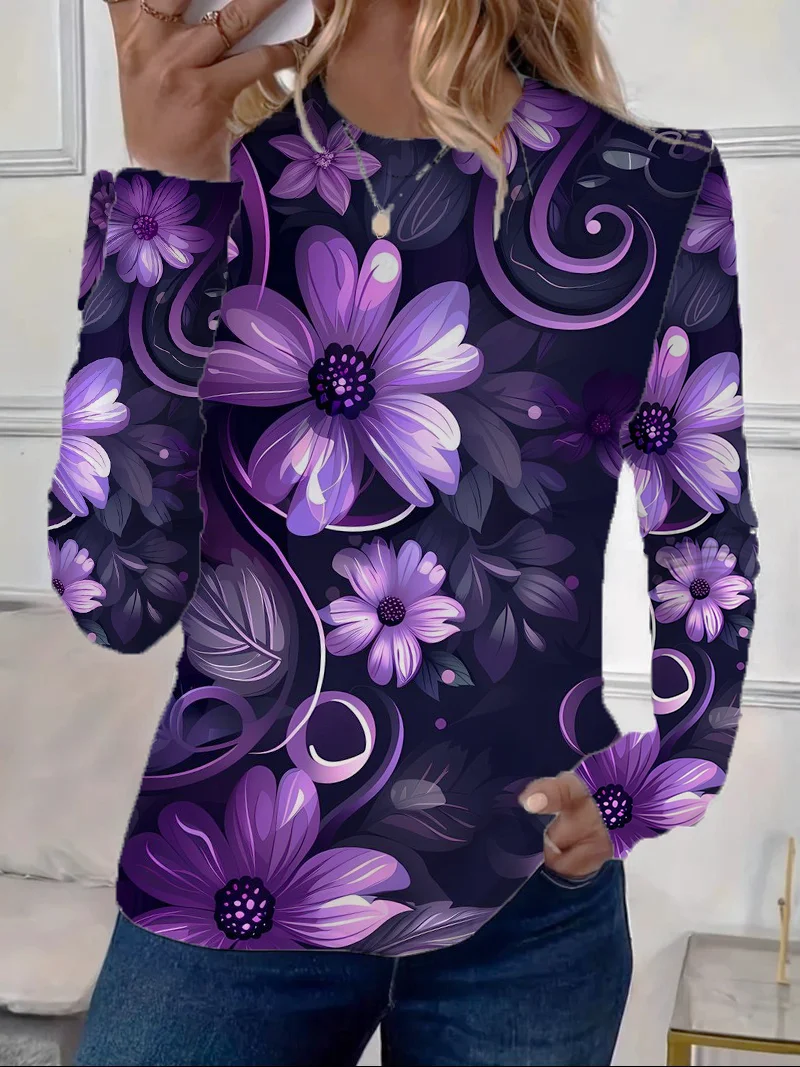 Women Floral Long Sleeve Tee T-shirt Crew Neck Printing Casual Spring/Fall Graphic Tee Top
