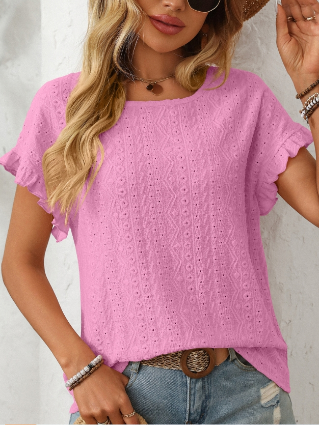 Women Geometric Short Sleeve Tee T-shirt Crew Neck Jacquard Casual Summer Top