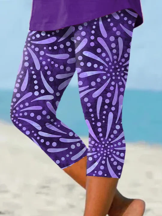 Women Abstract Capris Elastic Waist Pants Casual Summer Trousers