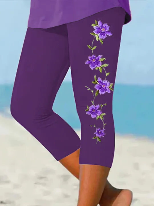 Women Floral Capris Elastic Waist Pants Casual Summer Trousers