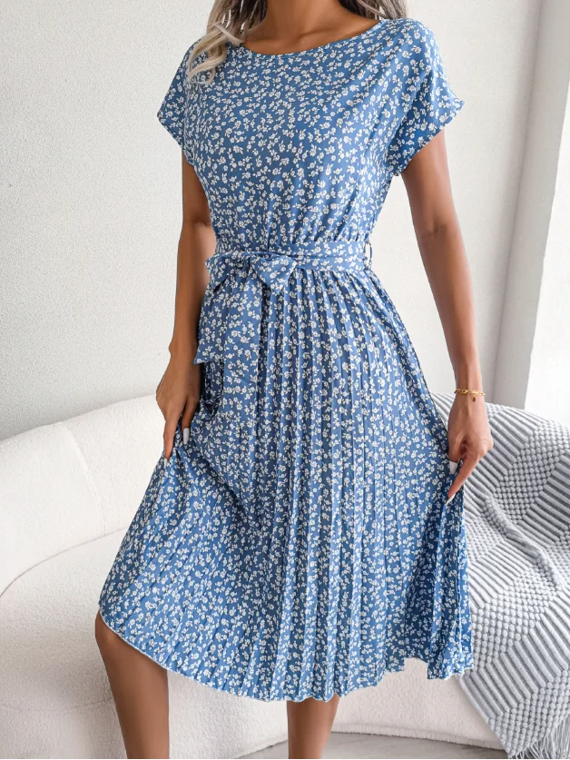 Women Floral Short Sleeve Summer Printing Dress Crew Neck Daily Vintage Midi Tank A-Line Dress