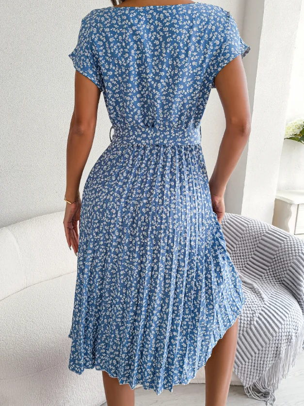 Women Floral Short Sleeve Summer Printing Dress Crew Neck Daily Vintage Midi Tank A-Line Dress