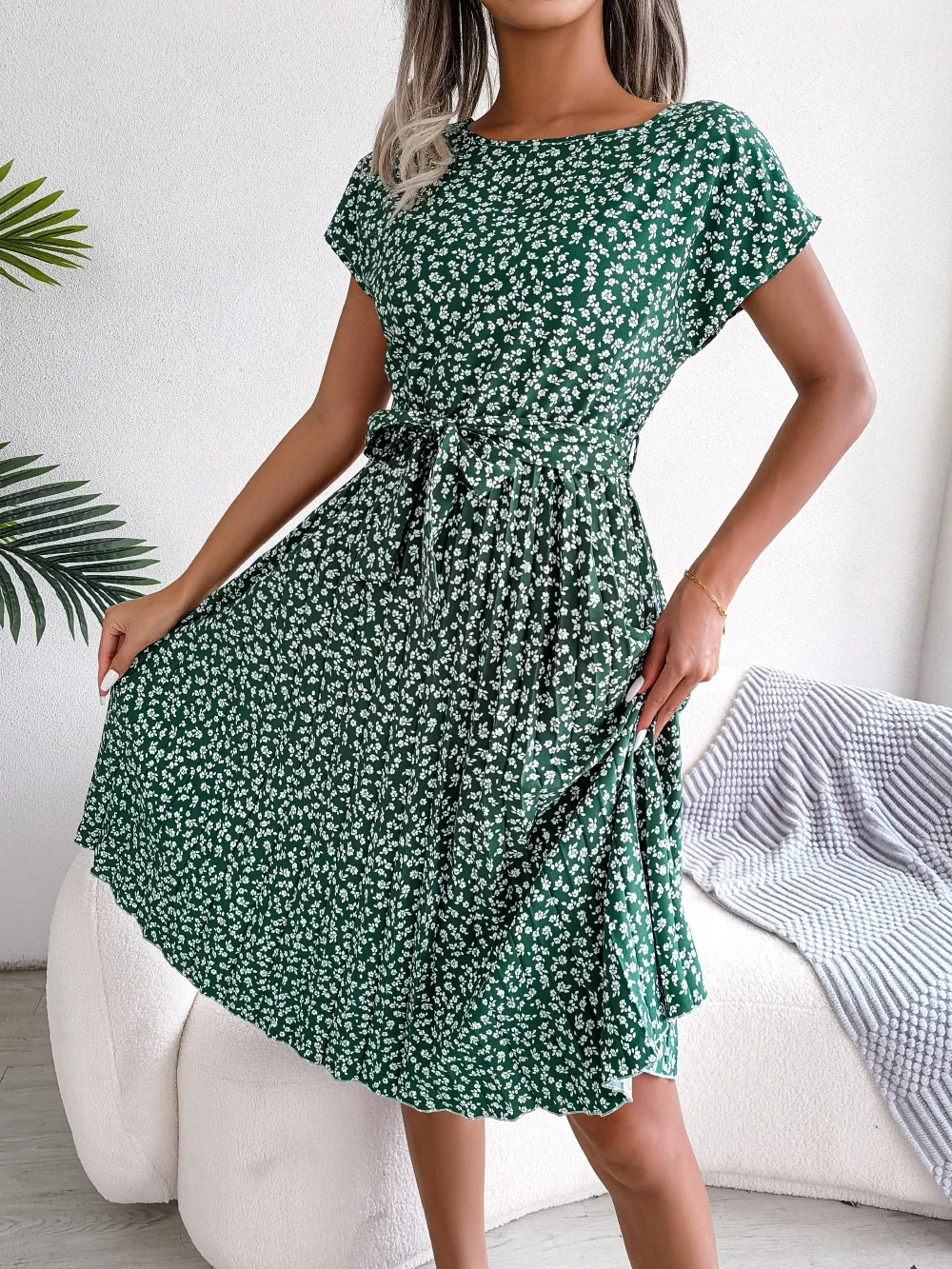 Women Floral Short Sleeve Summer Printing Dress Crew Neck Daily Vintage Midi Tank A-Line Dress