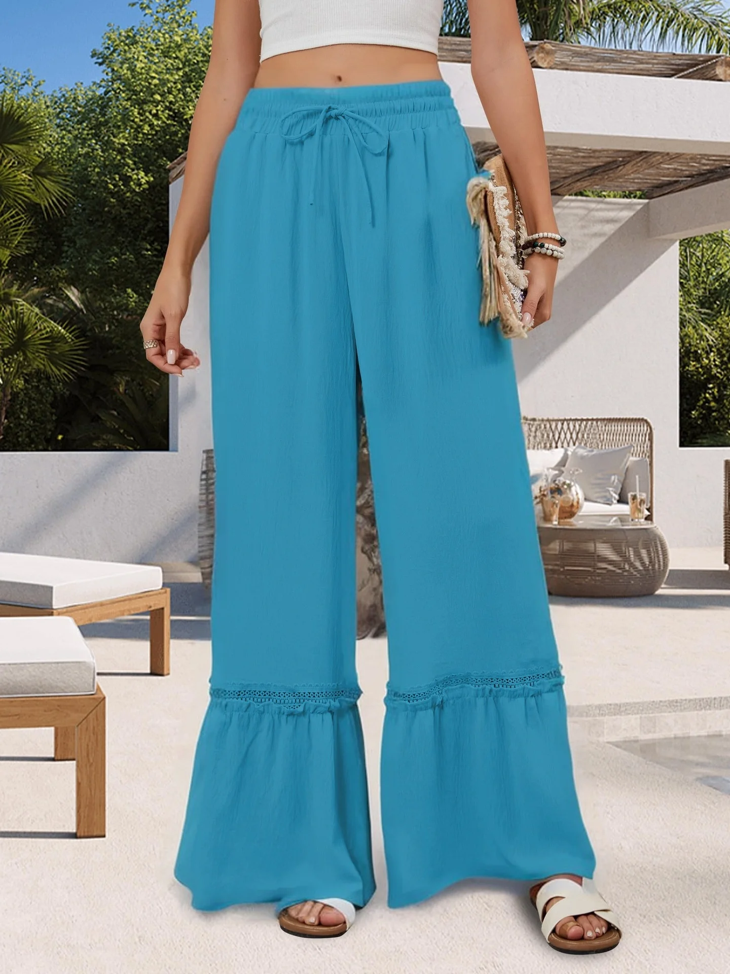 Women Plain Long Elastic Waist Pants Casual Spring/Fall Trousers