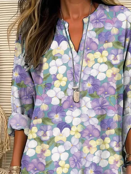 Women Floral Long Sleeve Blouse Spring/Fall Printing V Neck Daily Casual Top
