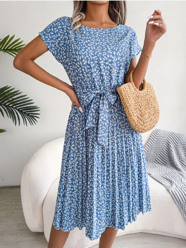 Women Floral Short Sleeve Summer Printing Dress Crew Neck Daily Vintage Midi Tank A-Line Dress