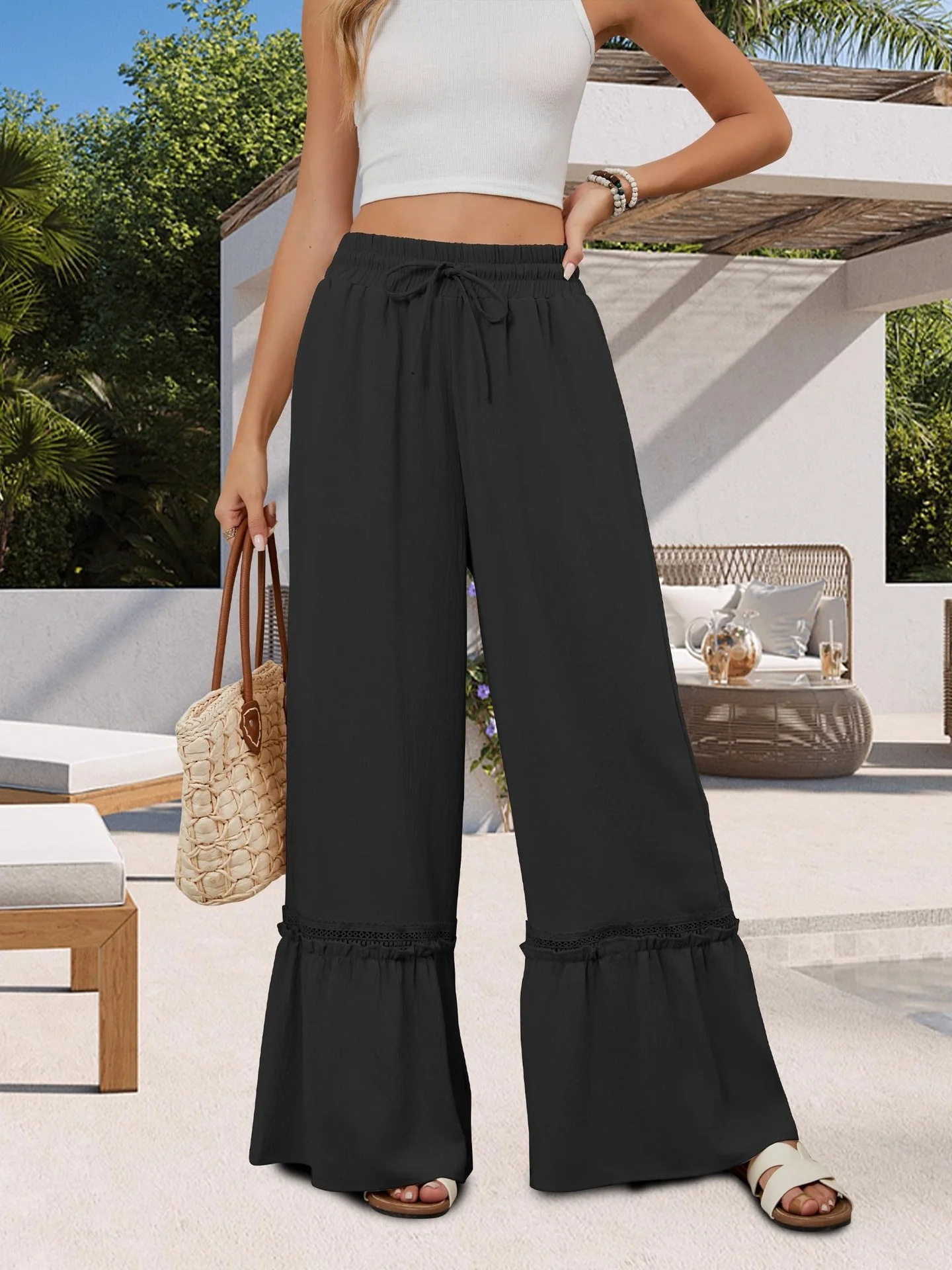 Women Plain Long Elastic Waist Pants Casual Spring/Fall Trousers