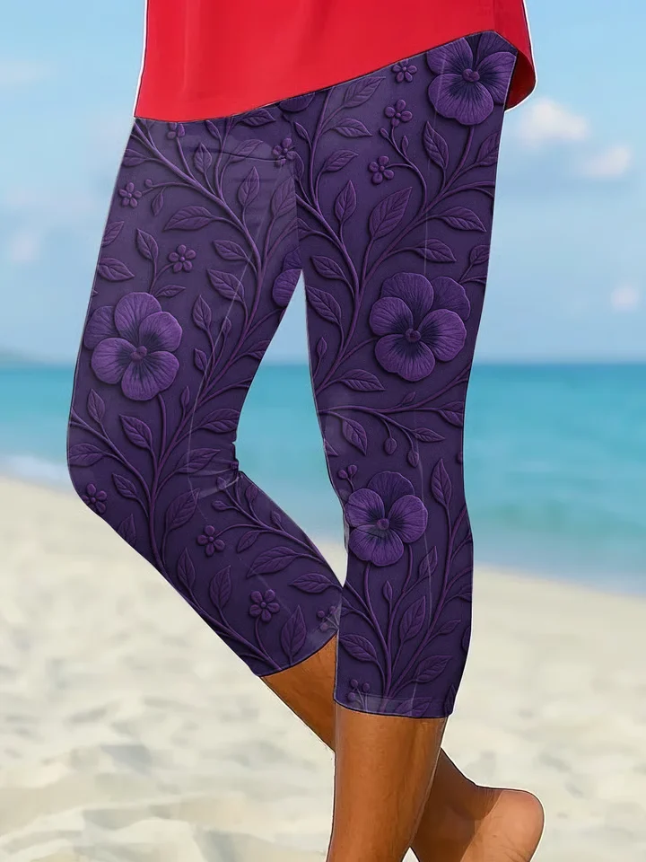 Women Floral Capris Elastic Waist Pants Casual Summer Trousers