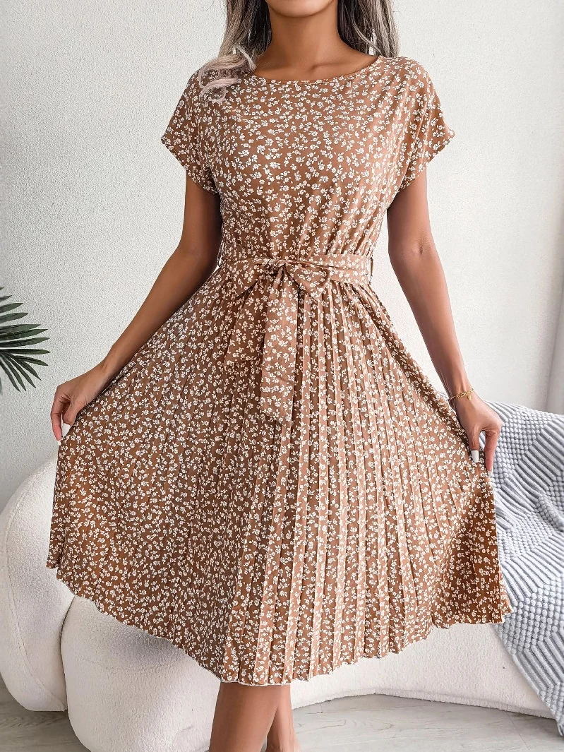Women Floral Short Sleeve Summer Printing Dress Crew Neck Daily Vintage Midi Tank A-Line Dress