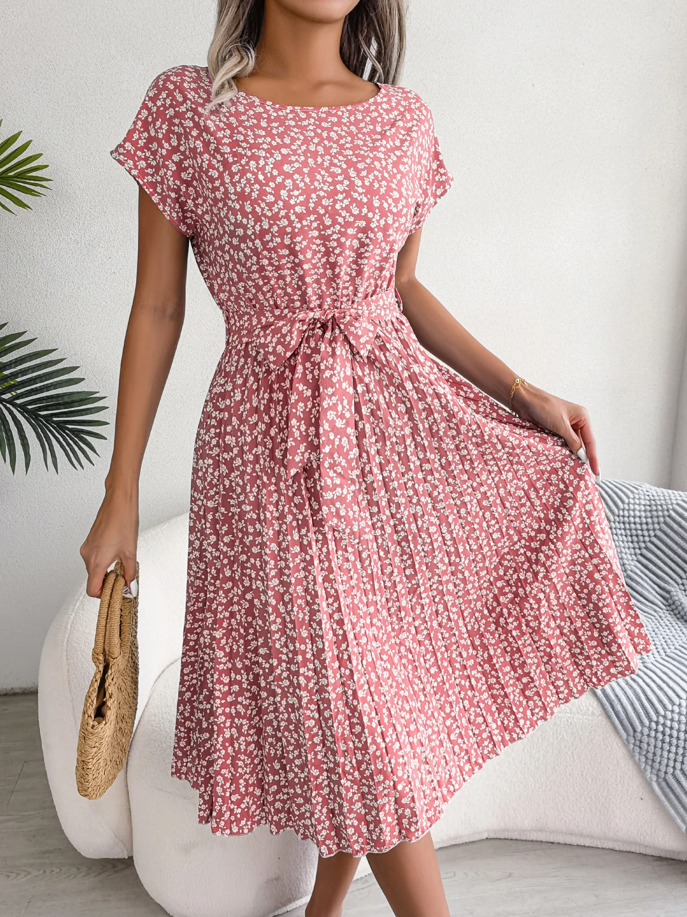 Women Floral Short Sleeve Summer Printing Dress Crew Neck Daily Vintage Midi Tank A-Line Dress