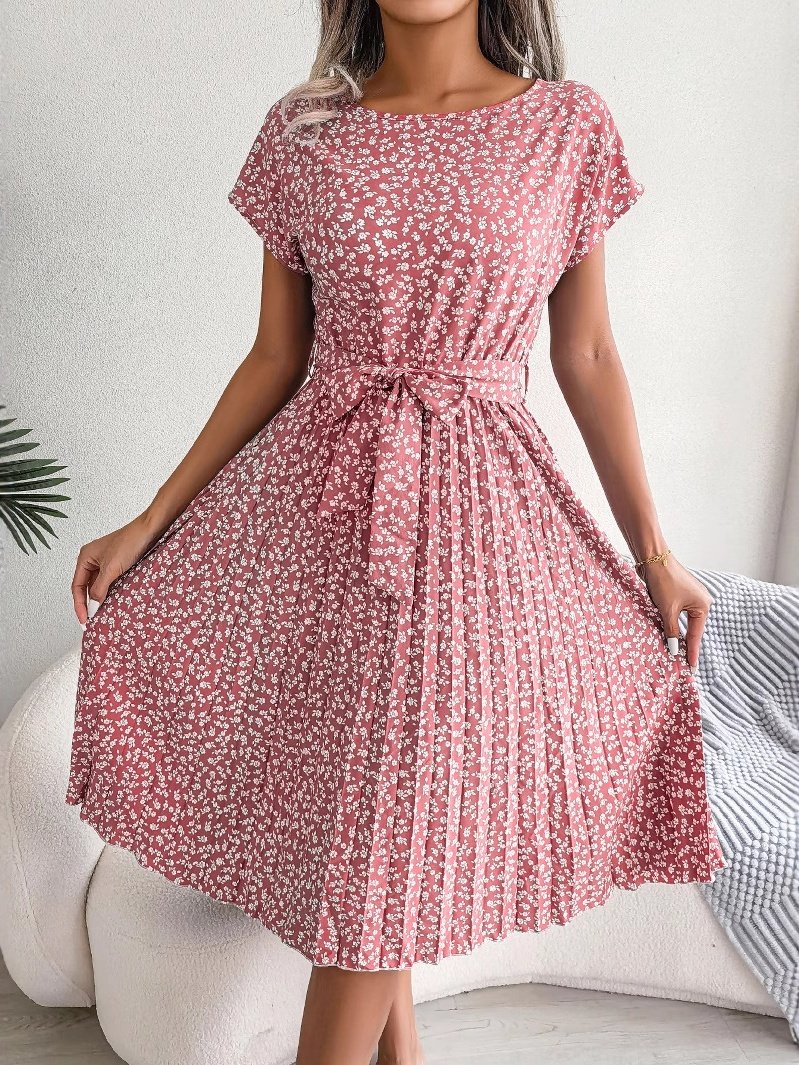 Women Floral Short Sleeve Summer Printing Dress Crew Neck Daily Vintage Midi Tank A-Line Dress
