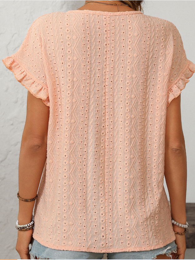 Women Geometric Short Sleeve Tee T-shirt Crew Neck Jacquard Casual Summer Top