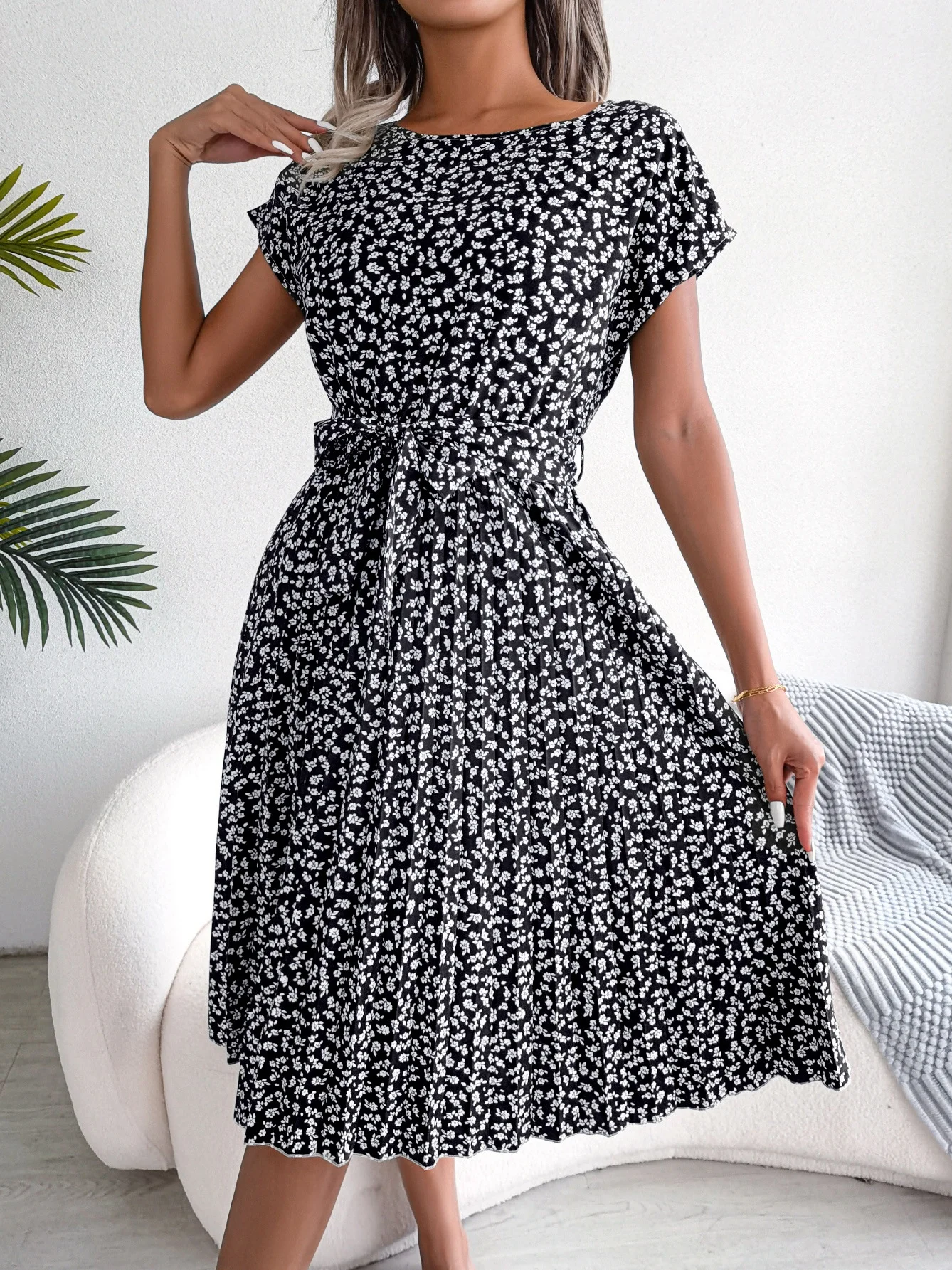 Women Floral Short Sleeve Summer Printing Dress Crew Neck Daily Vintage Midi Tank A-Line Dress