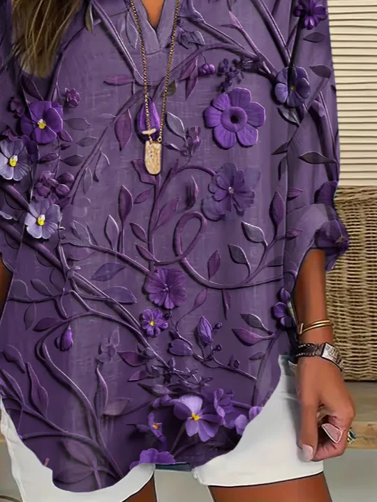 Women Floral Long Sleeve Blouse Spring/Fall Printing V Neck Daily Casual Top