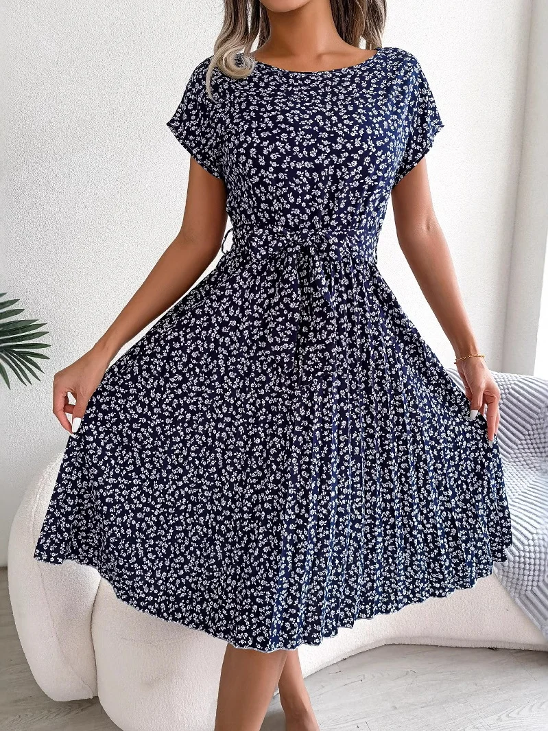 Women Floral Short Sleeve Summer Printing Dress Crew Neck Daily Vintage Midi Tank A-Line Dress