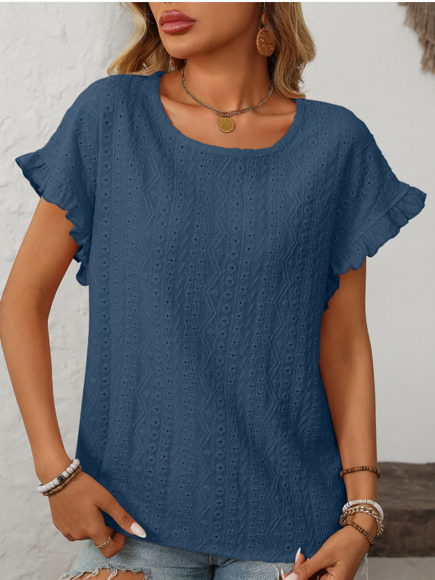 Women Geometric Short Sleeve Tee T-shirt Crew Neck Jacquard Casual Summer Top
