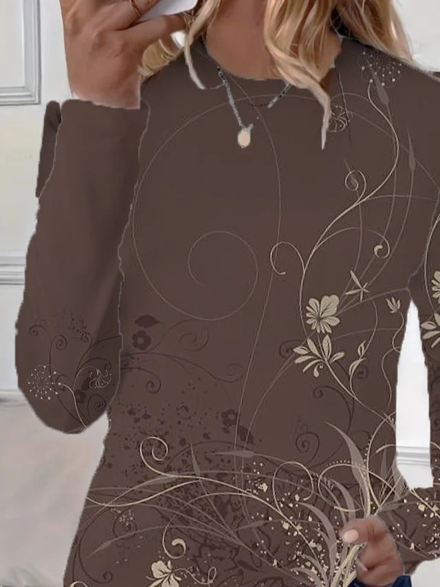 Women Floral Long Sleeve Tee T-shirt Crew Neck Printing Casual Spring/Fall Graphic Tee Top