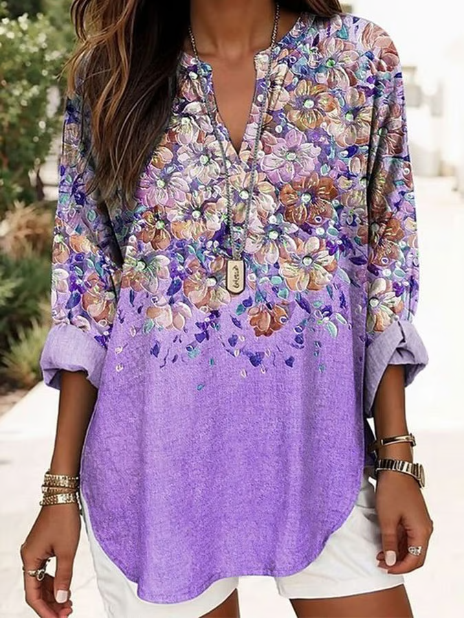 Women Floral Long Sleeve Blouse Spring/Fall Printing V Neck Daily Casual Top