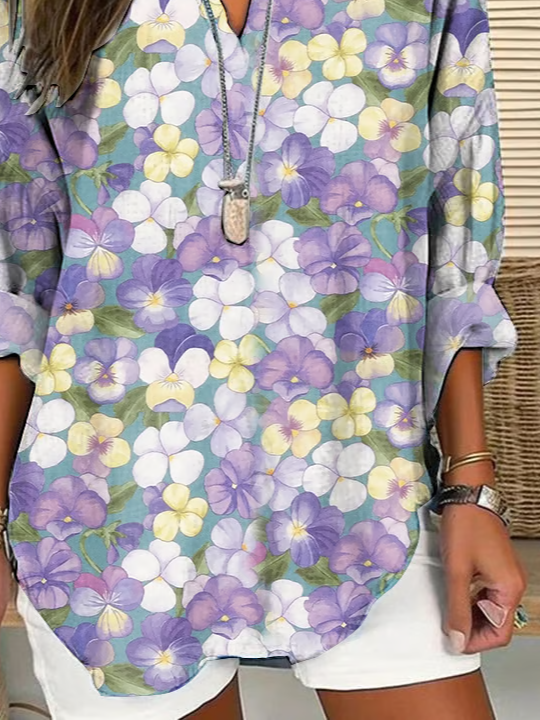Women Floral Long Sleeve Blouse Spring/Fall Printing V Neck Daily Casual Top
