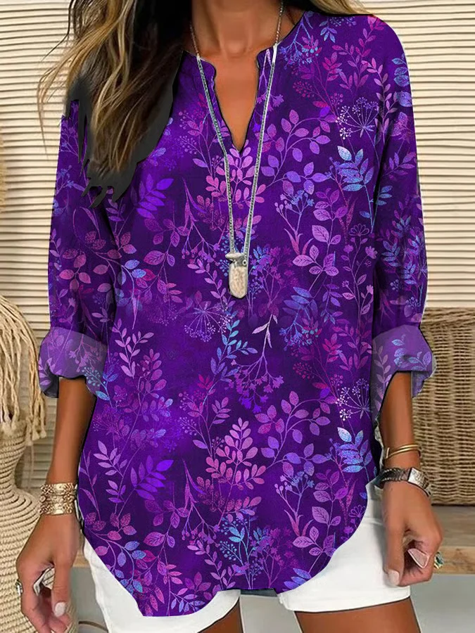 Women Floral Long Sleeve Blouse Spring/Fall Printing V Neck Daily Casual Top
