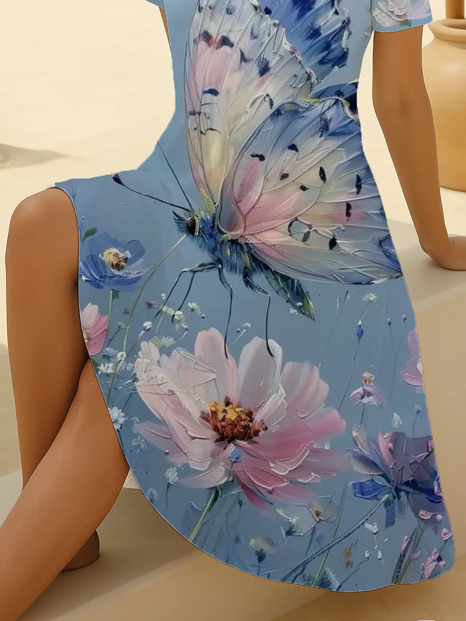 Women Floral Short Sleeve Summer Printing Dress V Neck Daily Casual Midi Fit & Flare Dress A-Line Dress