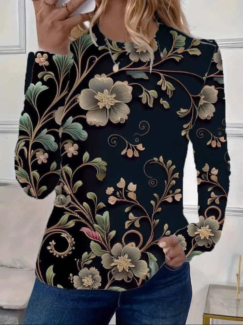 Women Floral Long Sleeve Tee T-shirt Crew Neck Printing Casual Spring/Fall Graphic Tee Top