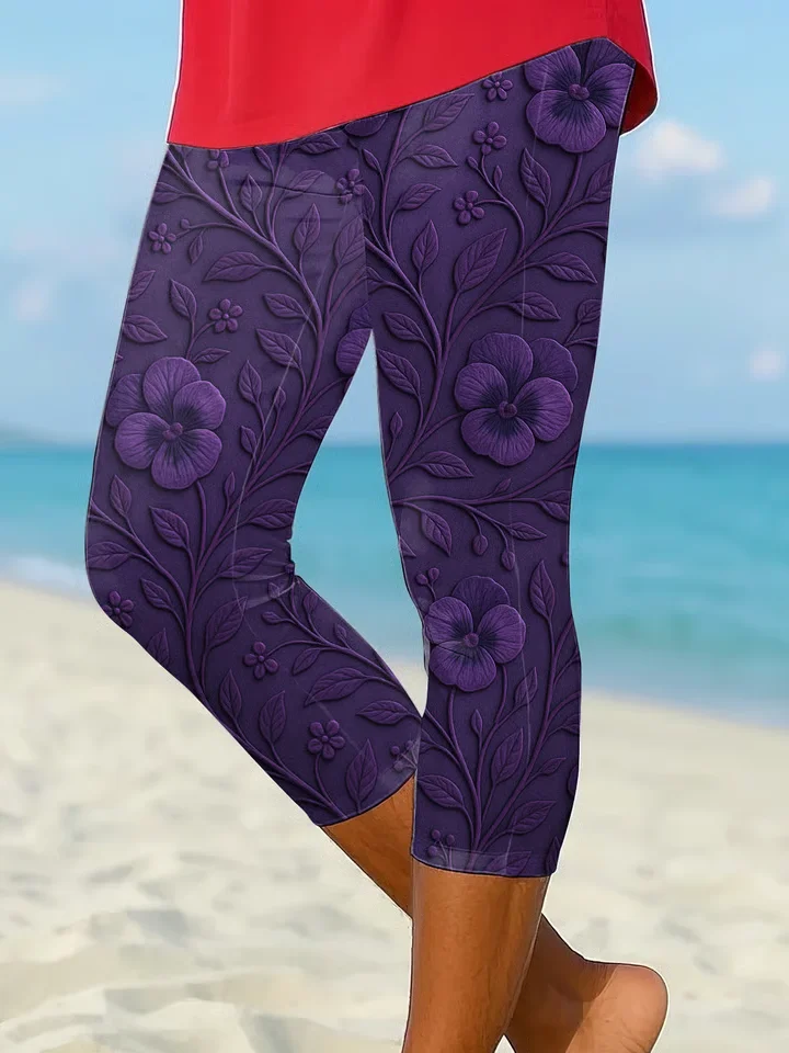 Women Floral Capris Elastic Waist Pants Casual Summer Trousers