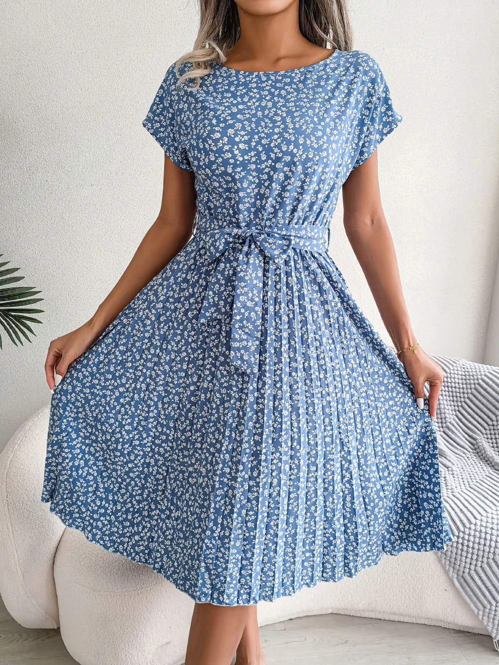 Women Floral Short Sleeve Summer Printing Dress Crew Neck Daily Vintage Midi Tank A-Line Dress