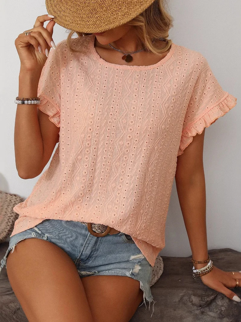 Women Geometric Short Sleeve Tee T-shirt Crew Neck Jacquard Casual Summer Top
