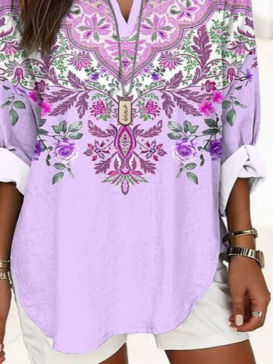 Women Floral Long Sleeve Blouse Spring/Fall Printing V Neck Daily Casual Top