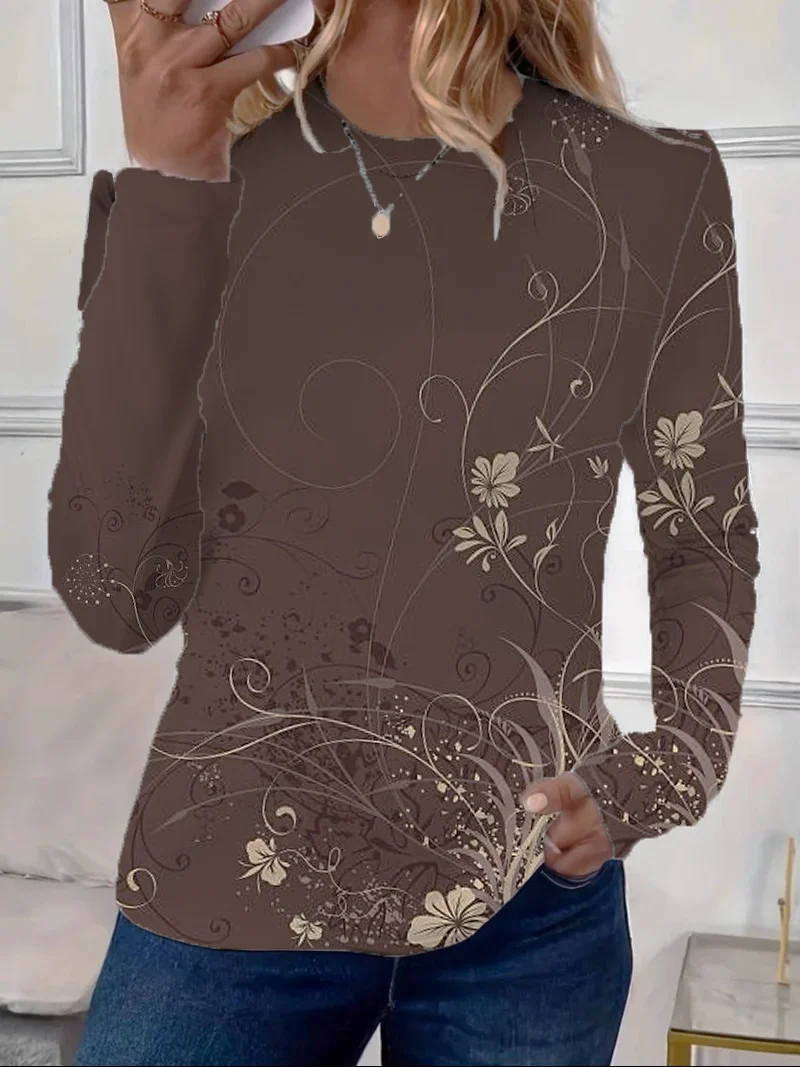 Women Floral Long Sleeve Tee T-shirt Crew Neck Printing Casual Spring/Fall Graphic Tee Top
