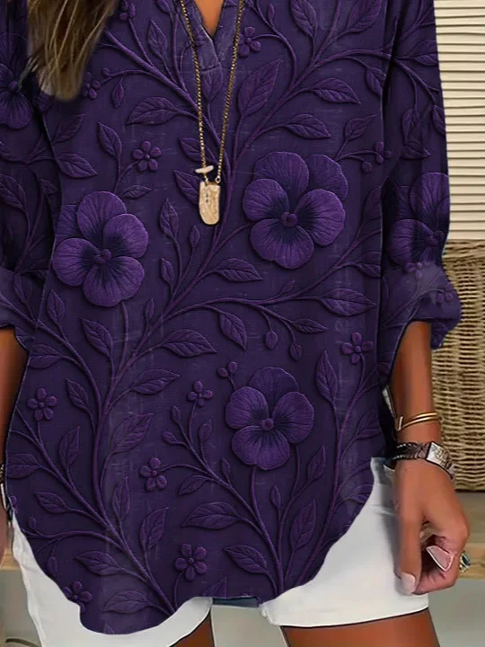 Women Floral Long Sleeve Blouse Spring/Fall Printing V Neck Daily Casual Top